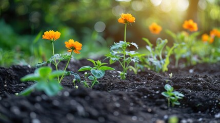 Vibrant Garden with Orange Flowers and Fresh Green Seedlings Emerging from Rich Black Soil Under Soft Sunlight in a Natural Outdoor Setting
