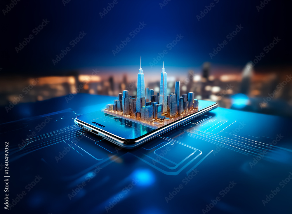 Poster a miniature cityscape sits on a smartphone, resting on a circuit board. the image depicts the mergin