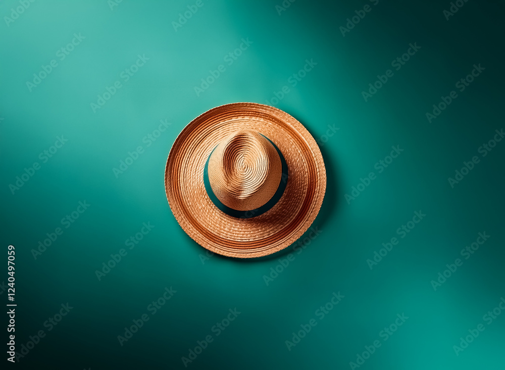 Aufkleber a light tan woven hat with a teal ribbon sits on a teal background, illuminated by a soft overhead l