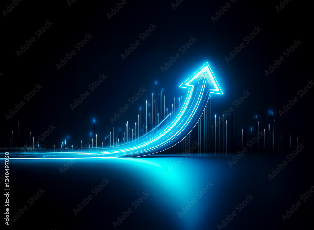 Poster A vibrant blue arrow ascends, symbolizing growth and progress against a dark, futuristic backdrop of glowing data points.  The arrow's reflection adds depth to the scene.