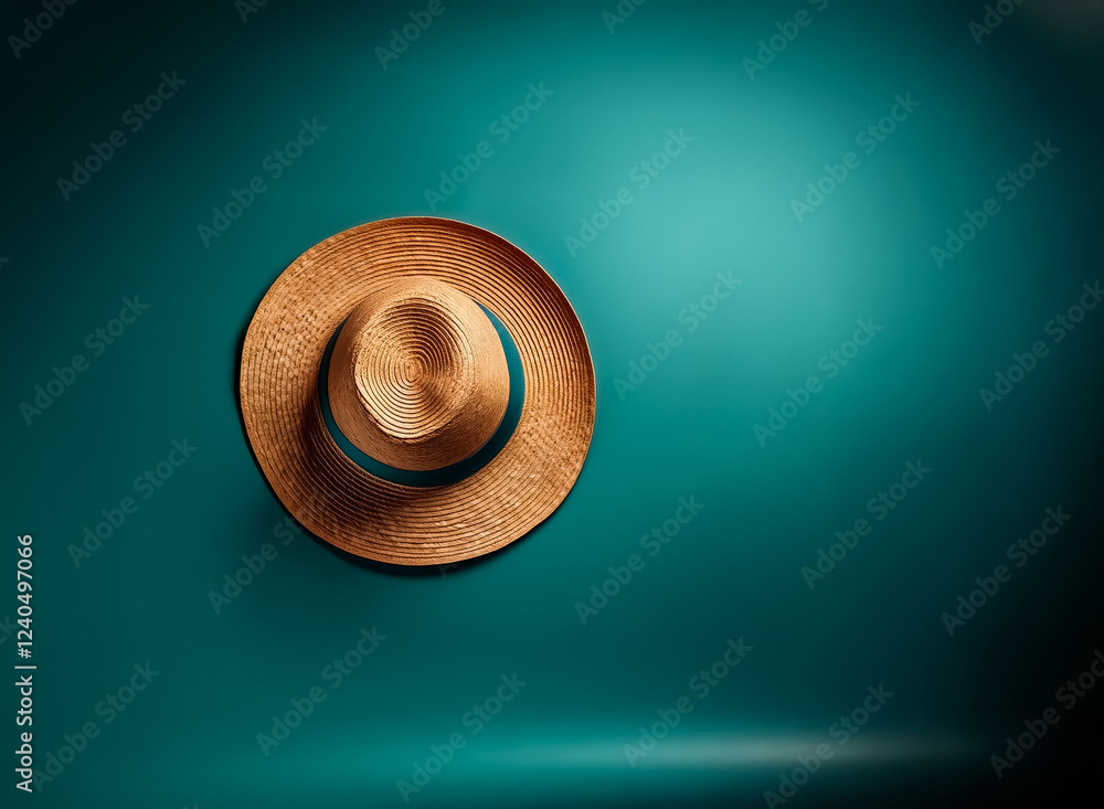 Aufkleber a wide-brimmed straw hat hangs against a teal background, lit from above, casting a soft shadow. the