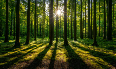 Obraz premium Sunlit forest, trees, shadows, spring, nature, background, calm, wallpaper