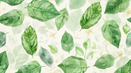 Lush Green Leaves Pattern on a Soft Background Featuring Various Leaf Shapes and Textures in a Harmonious Floral Arrangement for Nature Inspired Design