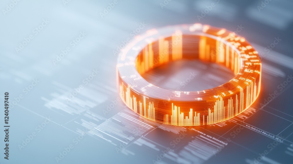 Poster Futuristic Financial Visualization Neon Circular Graph with Digital Data and Paper Documents Cutting-edge Business Analysis and Financial Planning for Corporate Innovation