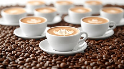 Fototapeta premium Cups of latte art display surrounded by coffee beans in a cozy cafe setting during morning hours