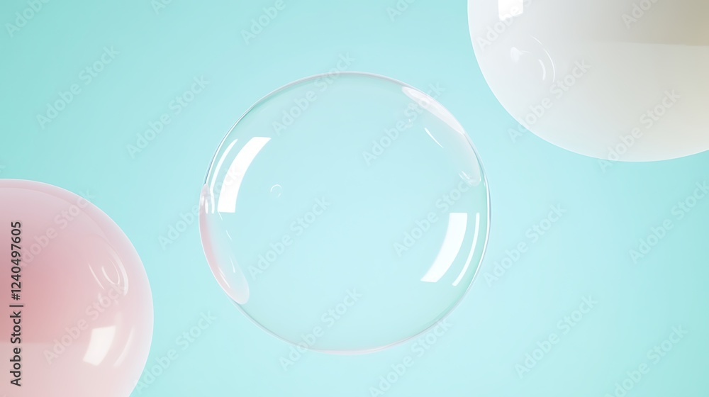 Poster transparent bubbles floating against a soft blue background with delicate pink hues and minimalist d