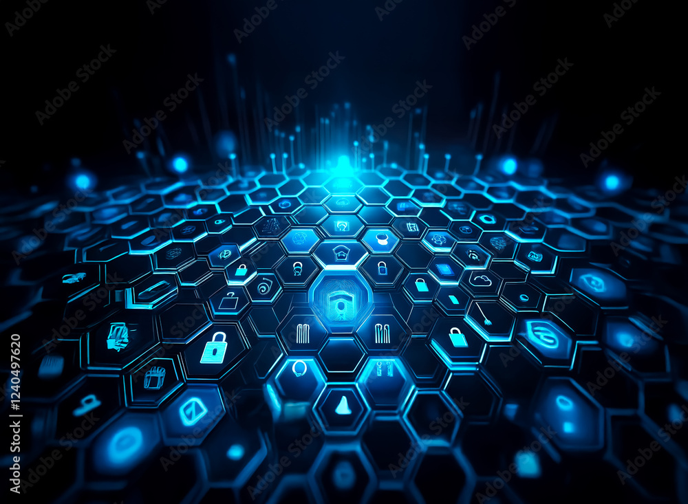 Leinwandbilder Abstract digital security concept.  Glowing blue hexagons form a network, showcasing various security icons.  Data protection and cybersecurity are visualized.