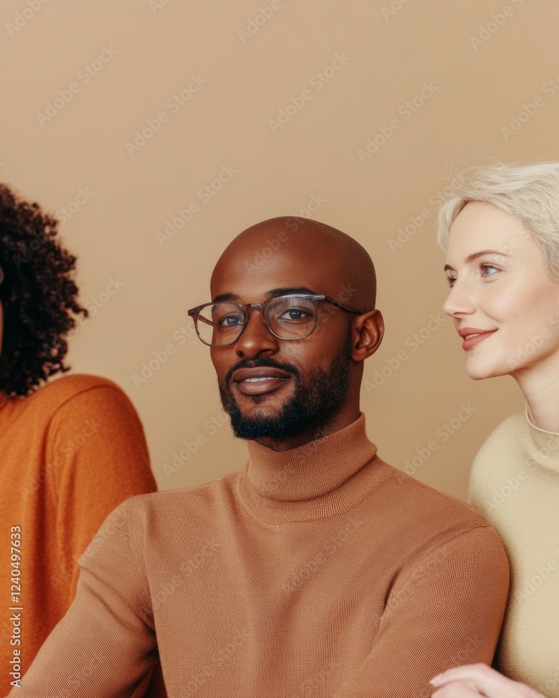 Poster Contemporary Collaborative Team Portrait Diverse Entrepreneurs in Textured Knitwear on Neutral Backdrop - Visual Content for Inclusive Business Branding and Professional Networking
