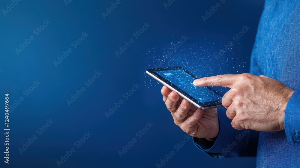 Poster hand holding smartphone with abstract digital interface display