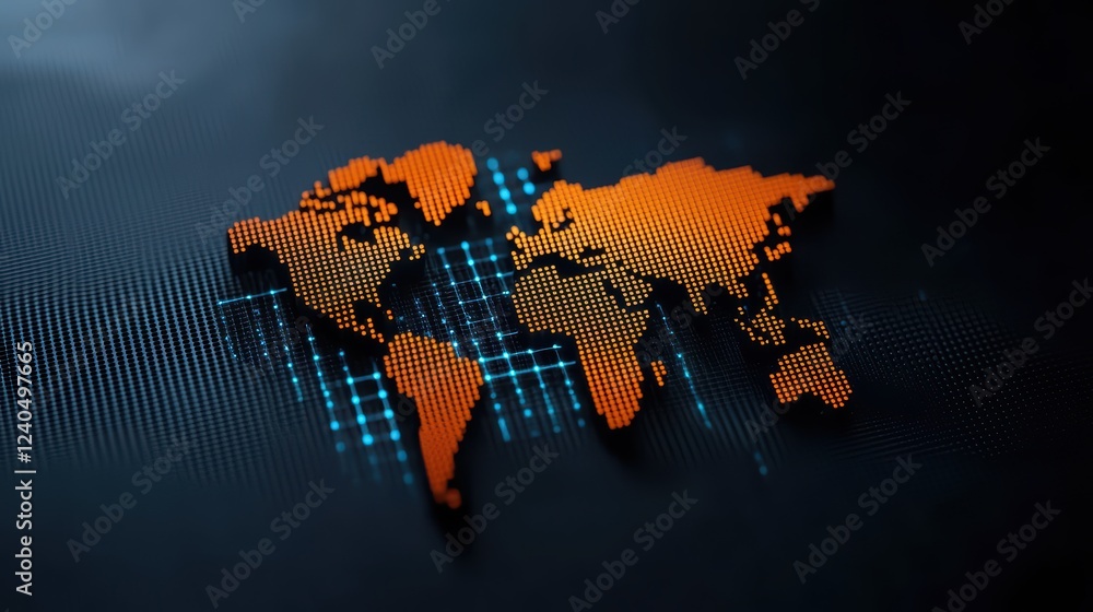 Poster world map visualization with dots and grids on dark background