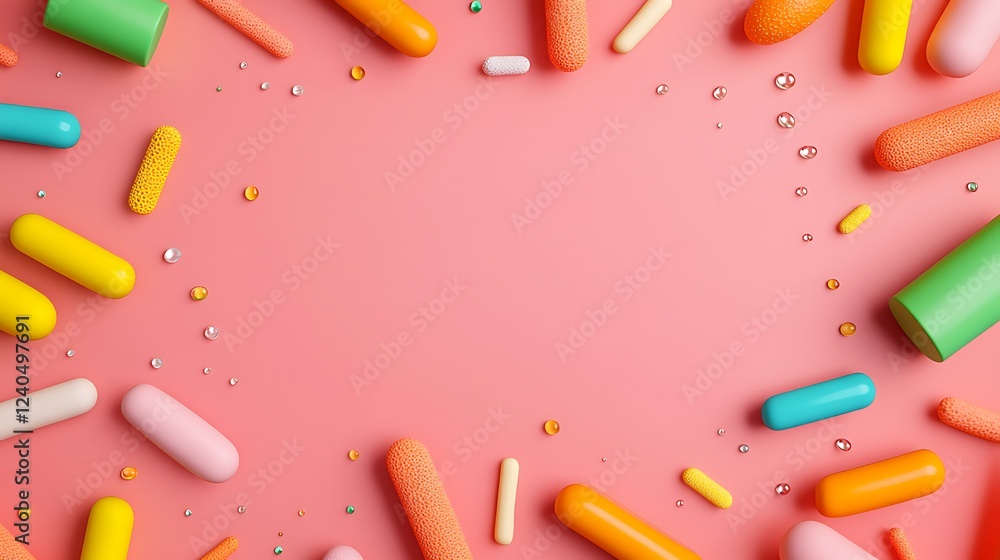 Poster vibrant abstract composition with colorful shapes on pink background for creative projects and desig