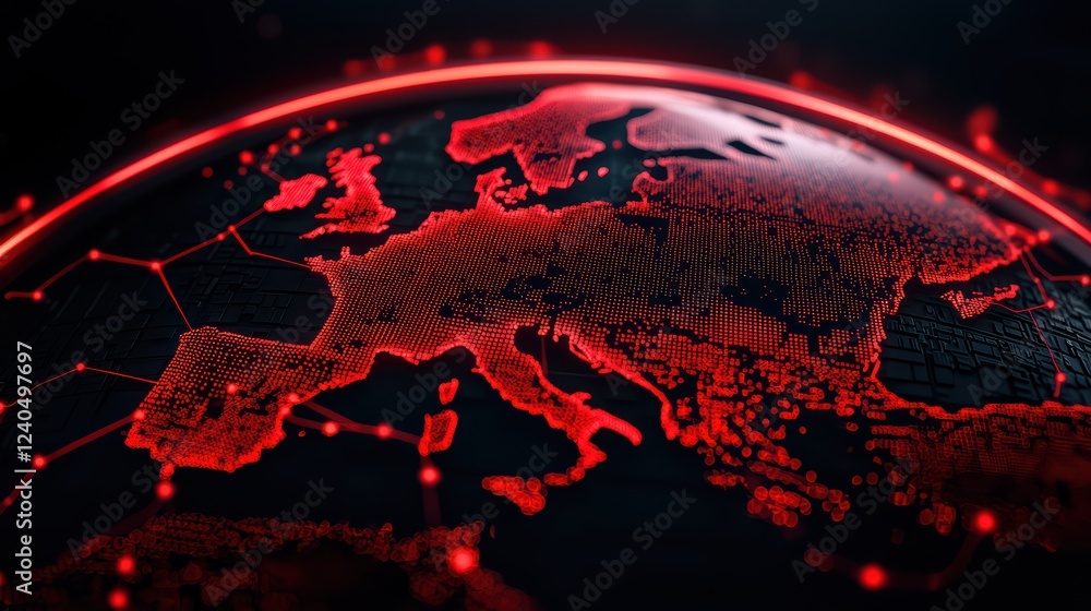 Poster red glowing digital map of europe with network connections and grids