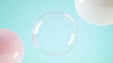 Transparent Bubbles Floating Against a Soft Blue Background with Delicate Pink Hues and Minimalist Design Elements