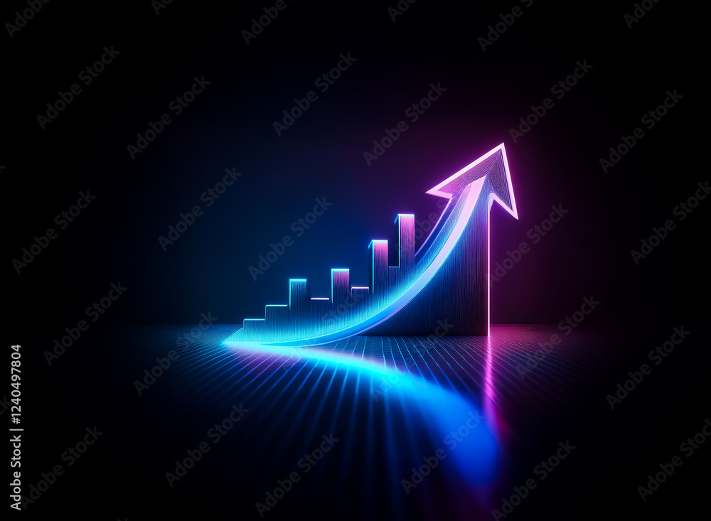 Poster neon arrow and bar graph ascend in a dark environment, illustrating growth and progress. the vibrant