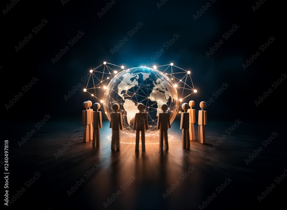 Poster glowing earth encircled by interconnected nodes, surrounded by a circle of wooden figures, symbolize