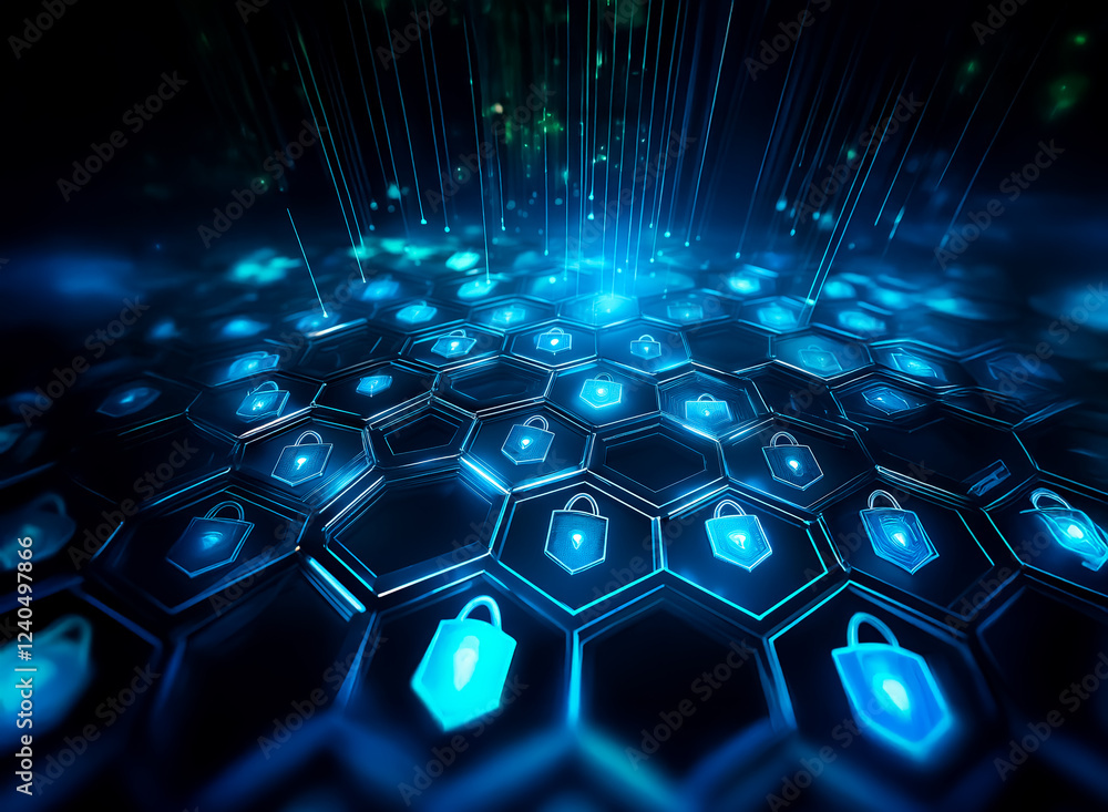 Fototapete Abstract digital security concept.  Glowing blue padlock icons arranged in a hexagonal grid, representing data protection and network security.  Cybersecurity, data encryption, and digital safety are 