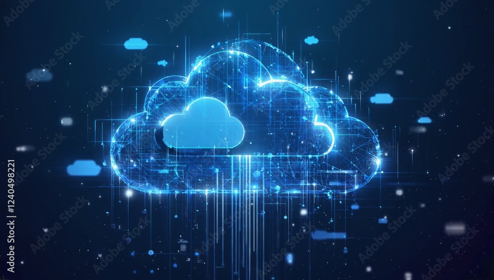 Poster digital cloud computing network, data transfer, global connection, futuristic background, tech illus