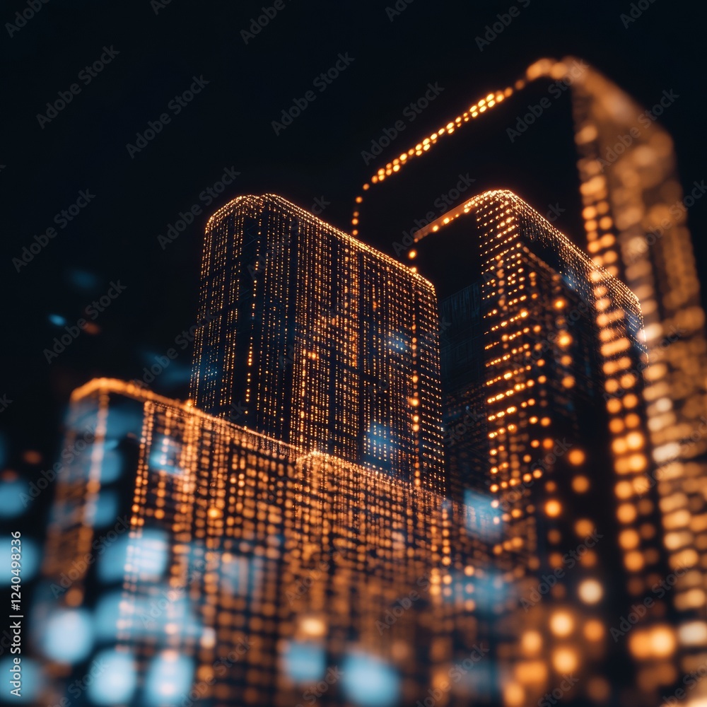 Poster neon-futuristic cityscape visualization illuminated glass skyscrapers and data lines - smart urban i