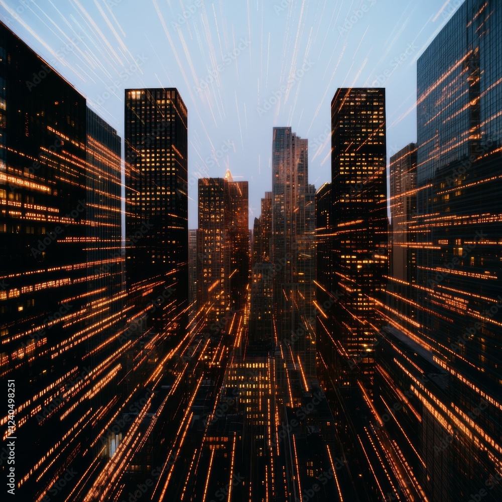 Poster futuristic cityscape visualization neon-lit urban skyscrapers with data lines - smart city infrastru