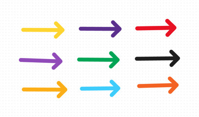 Set of colourful arrows isolated on white background pointing to right direction 