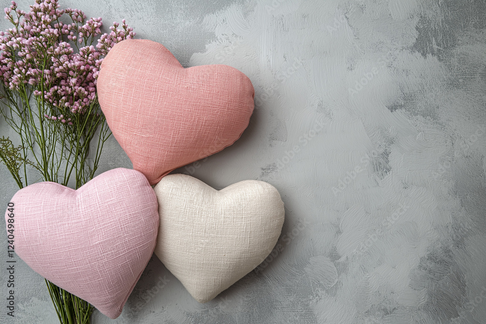 Poster handcrafted heart-shaped cushions composition conveying appreciation theme with ample copy space for