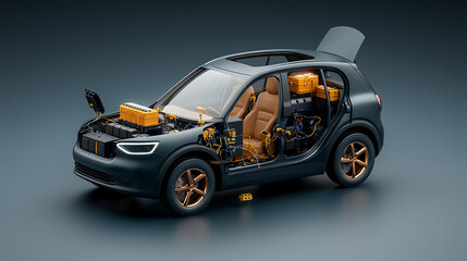 Detailed cross-sectional diagram of electric vehicle components studio setting technical illustration modern environment side view educational concept