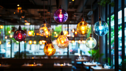 Obraz premium Colorful light bulbs hanging in a cozy restaurant