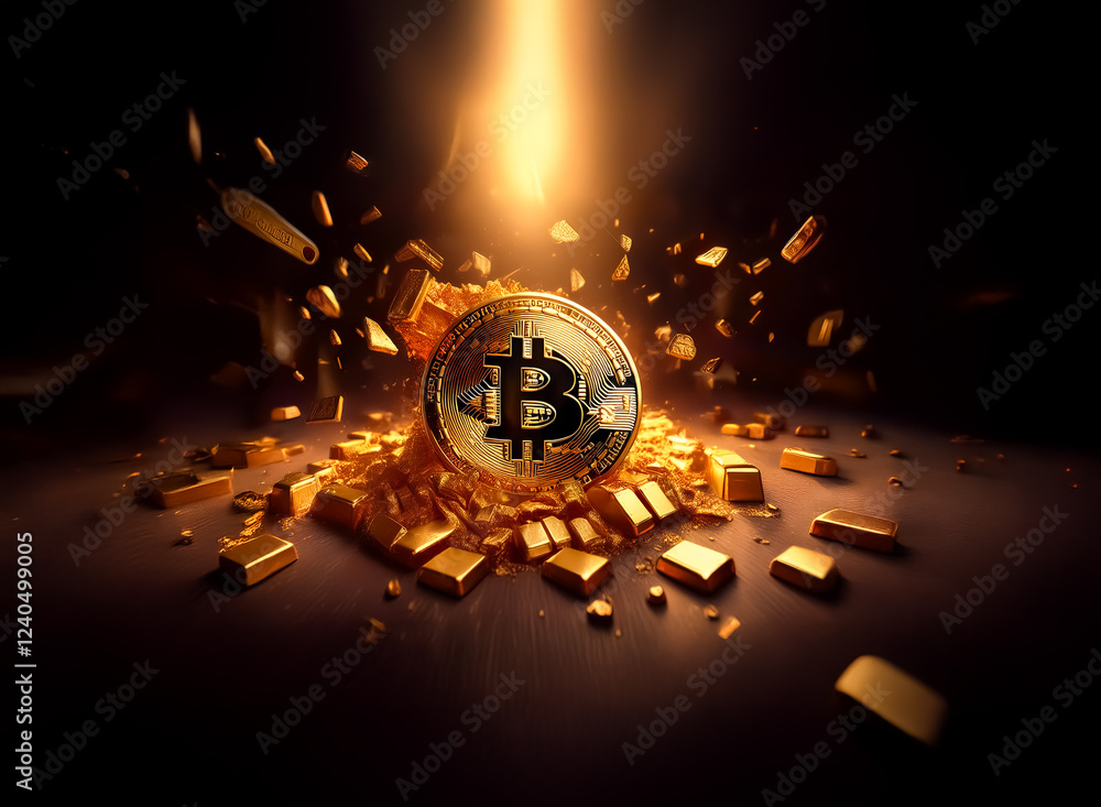 Poster A glowing bitcoin emerges from a burst of shattered gold, symbolizing its precious value and disruptive power in the financial world.