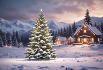 Fototapeta premium Snow-covered Christmas tree in a blurry landscape, evergreen foliage, blurred landscape