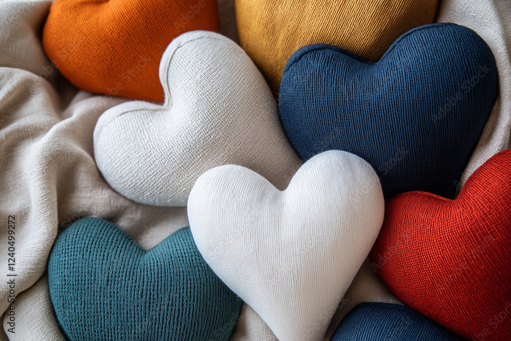 Poster handcrafted heart-shaped cushions composition conveying appreciation theme with ample copy space for