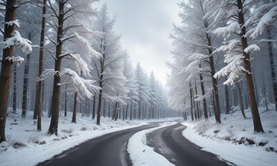 Obraz premium Snow-covered trees lining a winding road in a wintry forest, snowy, forest, scene, snow, road