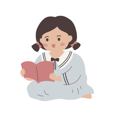 Colorful vector illustration of a girl reading a book, kids, young students, kindergarten, children 