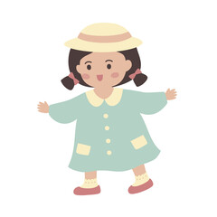 Colorful vector illustration of a cute girl in a dress, kids, young students, kindergarten, children 