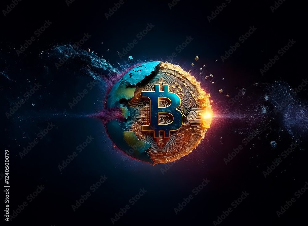 Poster a fractured earth globe merges with a glowing bitcoin, symbolizing cryptocurrency's global impact an