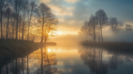 Obraz premium A serene scene of a lake with trees in the background. The sun is setting, casting a warm glow on the water. The reflection of the trees and sky can be seen in the water