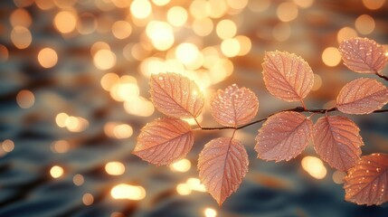 Dewy autumn leaves, lake bokeh background, nature scene