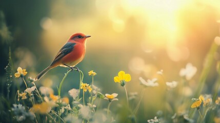 A small red bird is perched on a flower in a field. The bird is surrounded by yellow flowers, creating a bright and cheerful scene. Concept of peace and tranquility