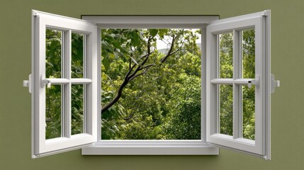 Open windows frame a peaceful forest bathed in warm sunlight, creating a serene atmosphere in the inviting room.