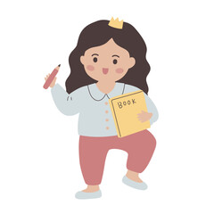 Colorful vector illustration of a cute girl with a book and a pencil, kids, young students, kindergarten, children