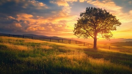 Fototapeta premium A tree is in the middle of a field with a fence around it. The sun is setting, casting a warm glow over the scene. Concept of peace and tranquility, as the tree stands tall
