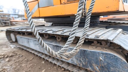 Closeup Steel Cable on Excavator Track Construction Site