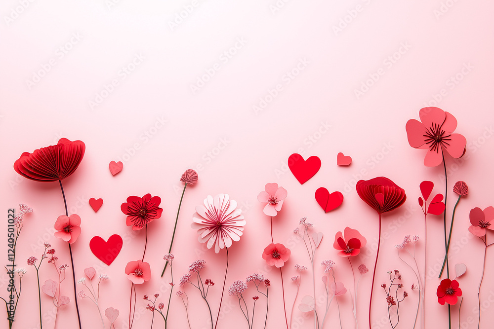 Poster paper cut-style red flowers and heart shapes arranged on soft pink background – elegant flat lay des