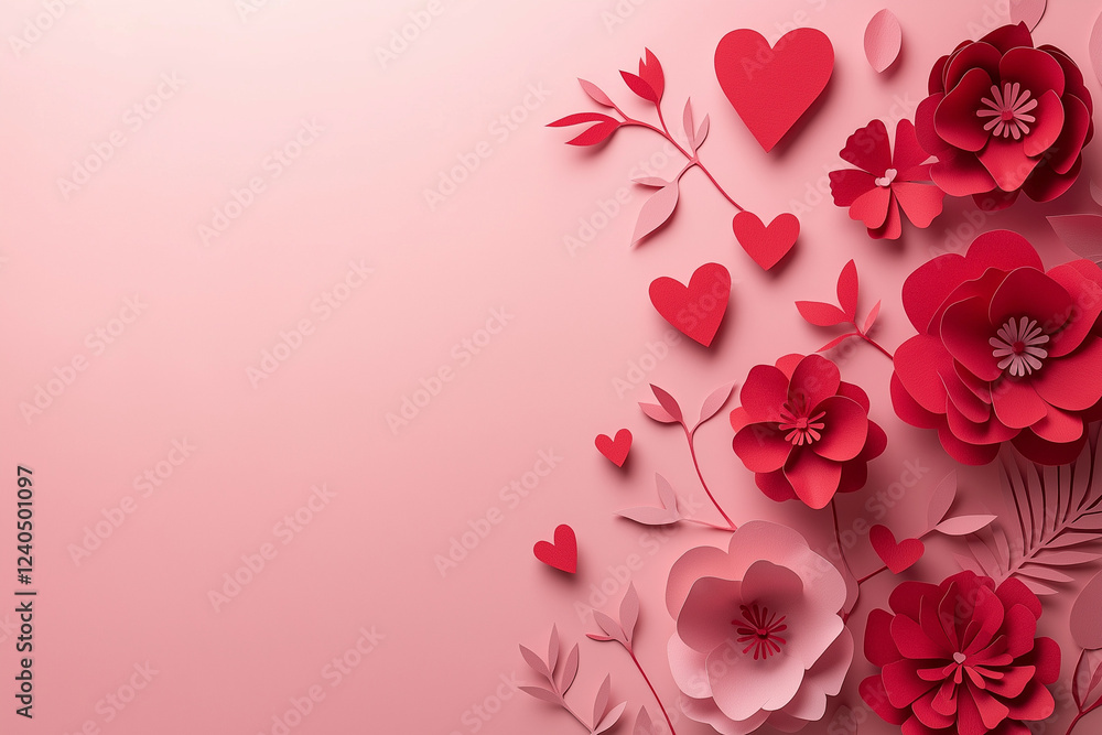 Poster paper cut-style red flowers and heart shapes arranged on soft pink background – elegant flat lay des