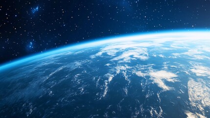 Obraz premium The blue planet is surrounded by a vast expanse of stars. The stars are scattered throughout the sky, creating a sense of depth and wonder. The planet appears to be a peaceful