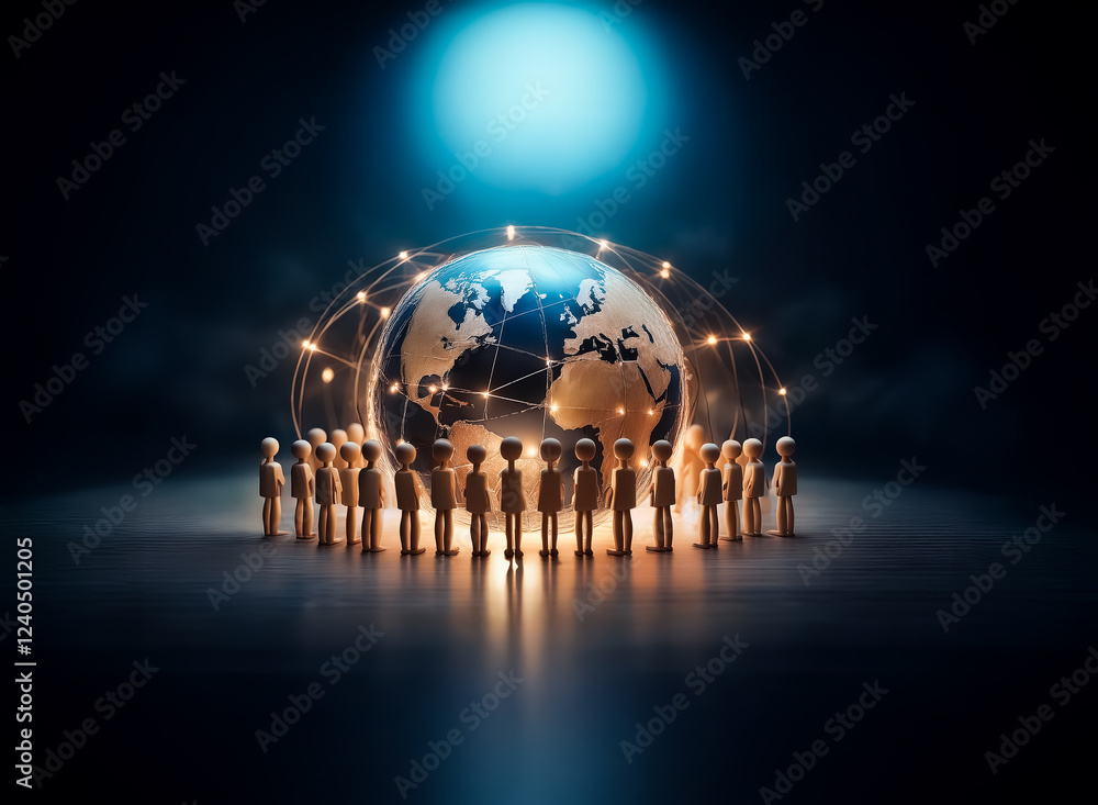Aufkleber Illuminated globe encircled by a network, surrounded by small figures representing global connectivity and unity.  A concept of worldwide communication and collaboration.