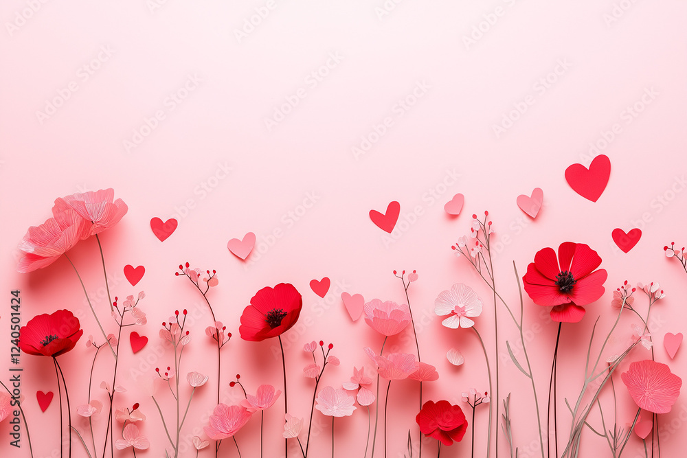 Poster paper cut-style red flowers and heart shapes arranged on soft pink background – elegant flat lay des