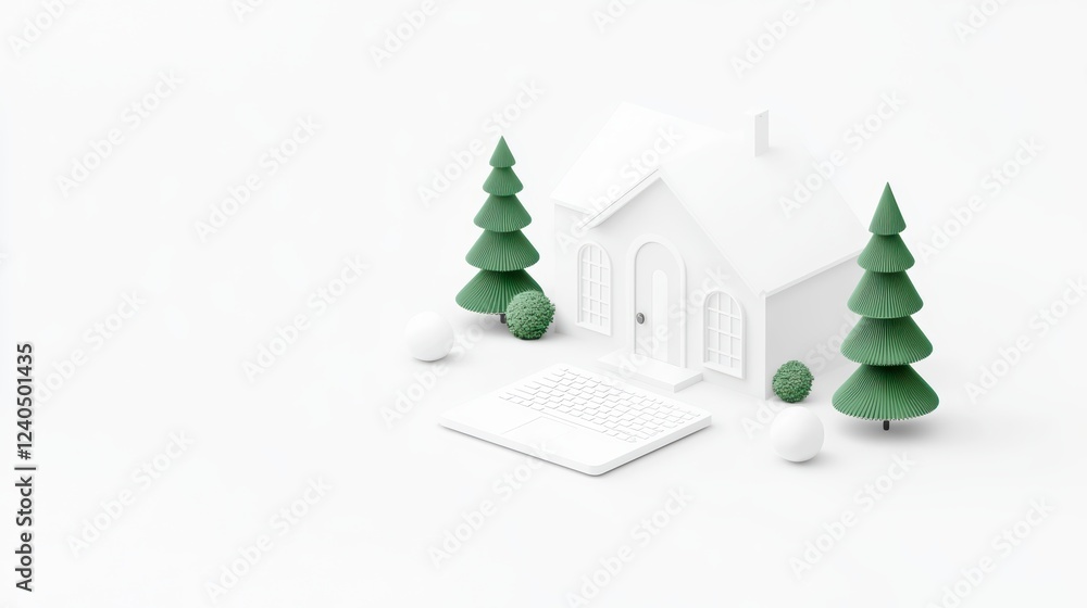 Poster modern minimalist house with trees and computer on white background