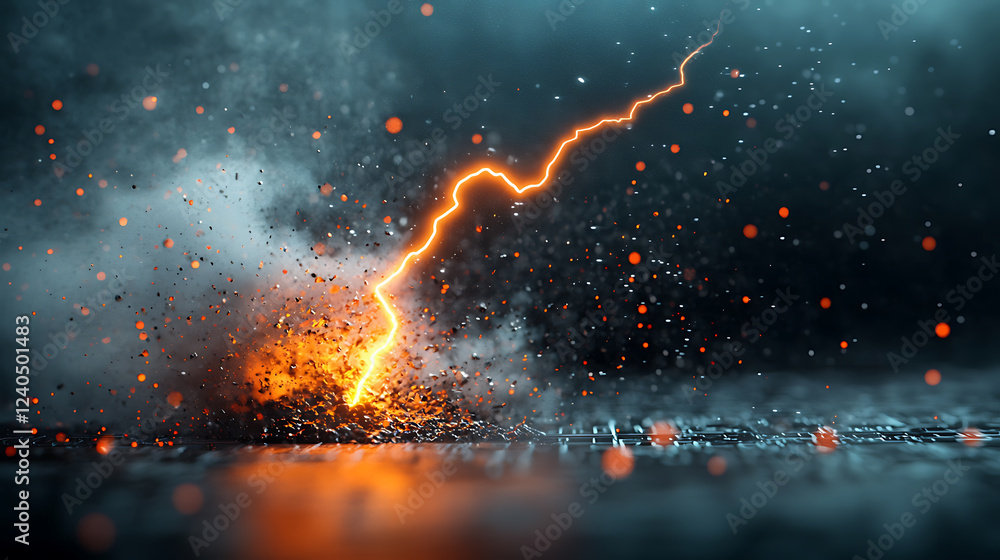 Poster dynamic lightning strike igniting digital landscape futuristic environment visual effects high-tech 