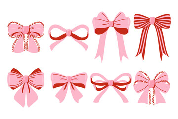 Set of pink bows isolated on white background. Vector illustration in cartoon style.