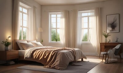 Soft morning light pours through a window onto a peaceful bedroom scene, gold vase, peaceful ambiance, white bed